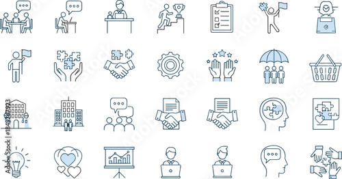 Business teamwork and collaboration line icons set, leadership, communication, goals, partnership, strategy, problem solving, corporate success symbols for web design