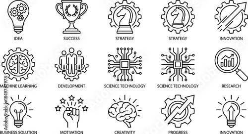 Business Technology Outline Icon Pack: Ideas, Success, Strategy, Innovation, Research, Machine Learning, Motivation, Development, and Creative Solutions Vector Set