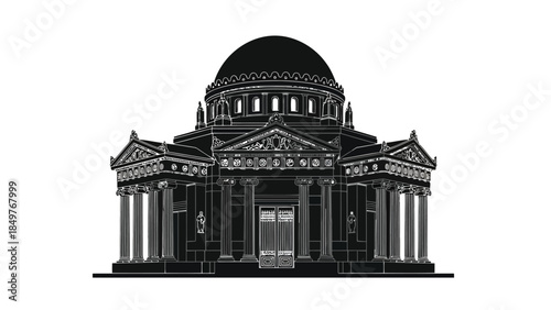 Black and white architectural illustration of a domed building with columns isolated on white background