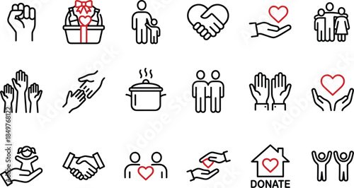Charity, Volunteering, Donation, Social Welfare, Heart, Caring, Solidarity, Help, Support, Community, Family, Food Bank, and NGO Black Line Vector Icon Set