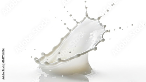 Stream of white liquid creating a milk splash. Liquid droplet crown formed on milky surface. Cloud Dancer color of the year concept. Cloud Dancer Color of the Year 2026