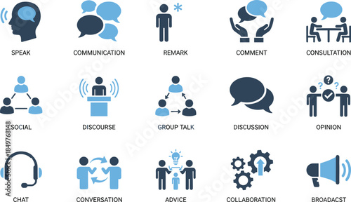 Communication and conversation icon set collection, speak, chat, discussion, consultation and collaboration symbols, modern flat vector illustration for web, app and infographic design
