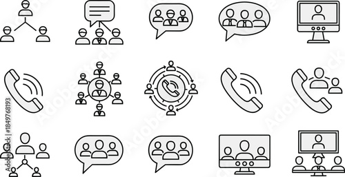 Communication and teamwork icon set illustrating group discussion, video conferencing, phone calls, collaboration, business meetings, remote work, networking, and customer interaction concepts