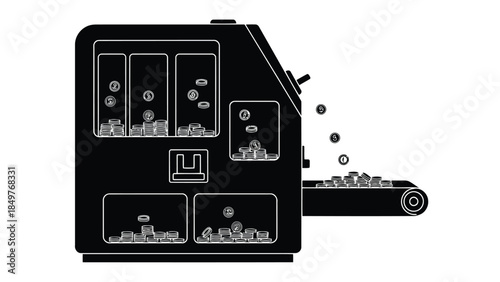 Black silhouette of industrial machine with conveyor belt and compartments isolated on white background