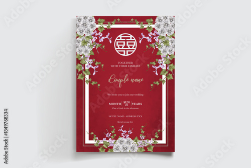 WEDDING INVITATION FRAME WITH FLOWER DECORATIONS AND FRESH LEAVES