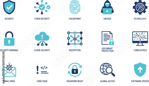 Cyber security and technology icon set collection, encryption, cloud protection, hacker, fingerprint authentication and data security symbols, modern flat vector illustration for web and app design