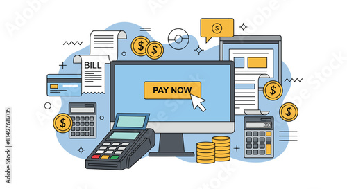 Online payment and digital invoice concept with a computer showing a "Pay Now" button, surrounded by financial elements.