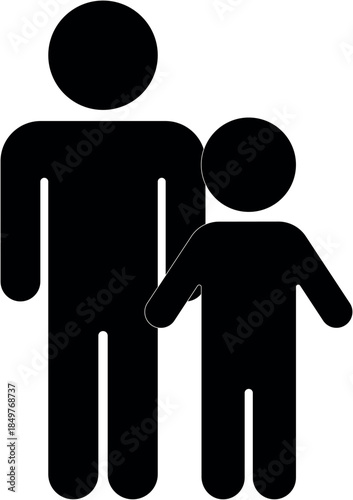 Simple black silhouette icons of an adult and a child representing family and relationships isolated on a white background