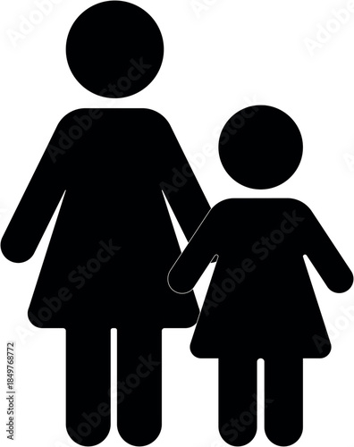 Mother and daughter stick figures simple black silhouette representing family and childhood isolated on white background for design