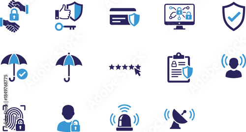 Cybersecurity and digital protection icon set illustrating data privacy, network security, trust management, authentication, encryption, compliance, insurance, monitoring, and risk prevention concepts