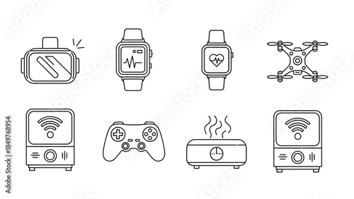 Collection of modern technology icons featuring virtual reality headset smartwatch drone smartphone gamepad and smart home devices