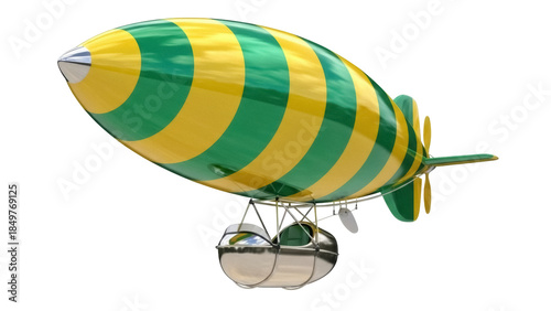 Isolated airship with stripes, air vehicle concept, retro transport, vintage zeppelin
