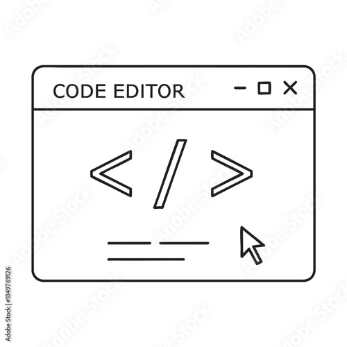Minimalist line art illustration of code editor window with HTML tags symbol