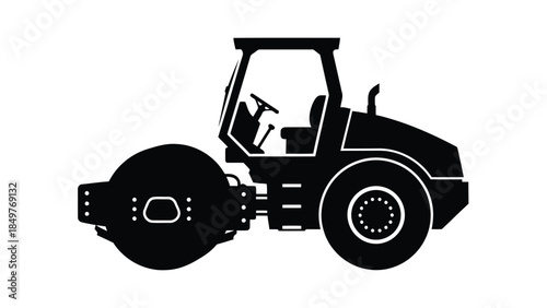 Black silhouette of a road roller construction vehicle isolated on white background