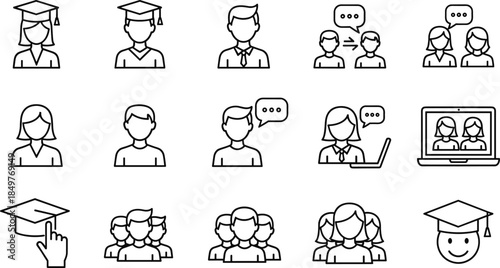 Education and communication line icons set, students teachers graduates avatars, online learning, discussion, teamwork symbols, outline vector illustration for web and app design