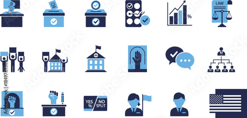 Election and democracy icon set illustrating voting process, ballots, political participation, law, governance, civic rights, public opinion, leadership, and democratic decision making