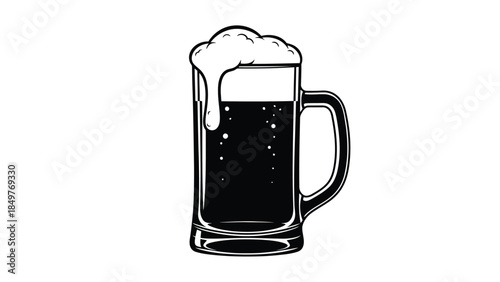 Black beer mug silhouette with foam isolated on white background