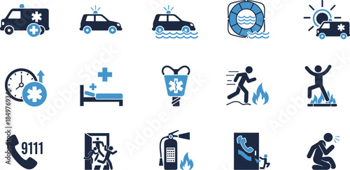 Emergency services and disaster response line icons set, ambulance, fire rescue, medical aid, evacuation, public safety symbols for web and app design