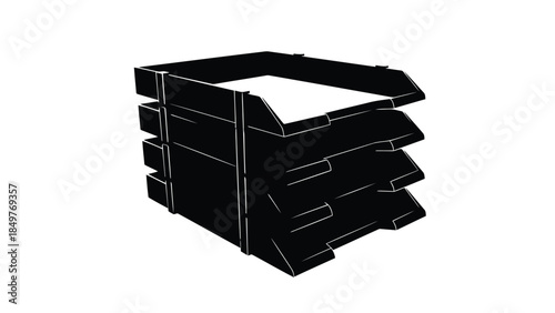 Black silhouette of stacked plastic crates isolated on white background