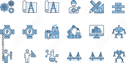 Engineering and construction icon set showcasing manufacturing, automation, robotics, blueprints, machinery, infrastructure, industrial design, smart factories, and modern production technology