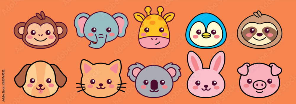 Fototapeta premium Cute cartoon animal faces icon set with monkey cat dog and rabbit