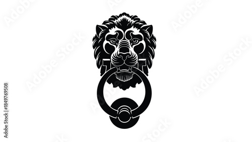 Black lion head door knocker silhouette with ring, flat design symbol isolated on white background