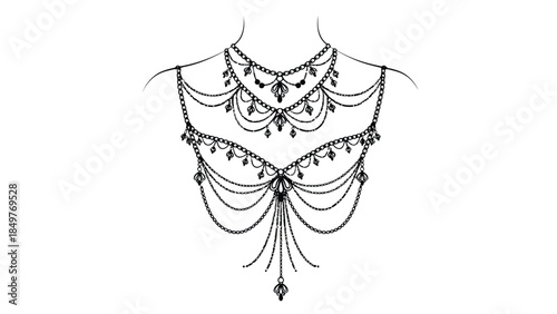 Intricate beaded necklace with draped chain design isolated on white background