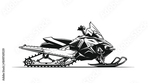 Black and white illustration of a snowmobile on a isolated on white background