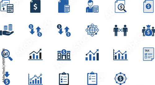 Financial and business icon set illustrating accounting, analytics, banking, payments, tax reports, investment growth, money management concepts for corporate finance and fintech design