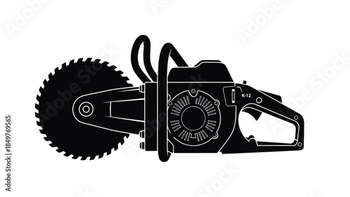 Black silhouette of a chainsaw against a isolated on white background