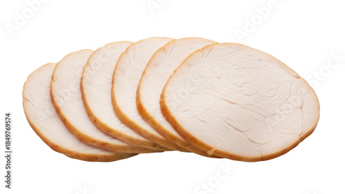Fotografi Isolated cooked turkey breast slices in a row on a plain surface, for sandwiches