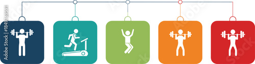 Fitness workout infographic with gym exercise icons, weightlifting treadmill jumping training concept, colorful flat design for health lifestyle and sports illustration