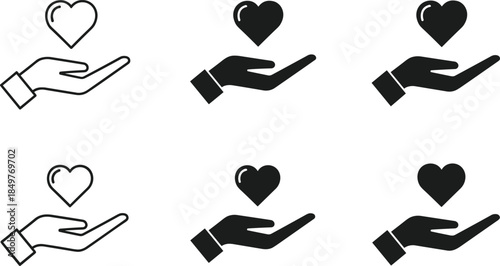 Hand holding heart icon set representing care love support charity donation and compassion, minimalist black and white symbols for healthcare, volunteering and social concepts
