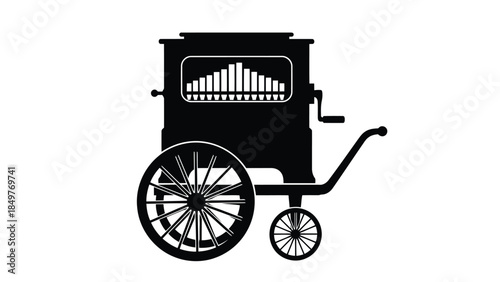 Black silhouette of a vintage phonograph cart with a bar graph on the front isolated on white background
