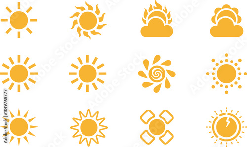 Set of yellow sun icons with various rays and sunshine designs for weather forecast summer heat and solar energy concepts