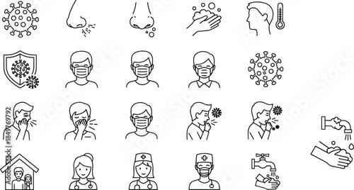 Health protection and virus prevention icons set showing hygiene mask symptoms medical care and immunity, modern outline vector collection for public health safety awareness concepts