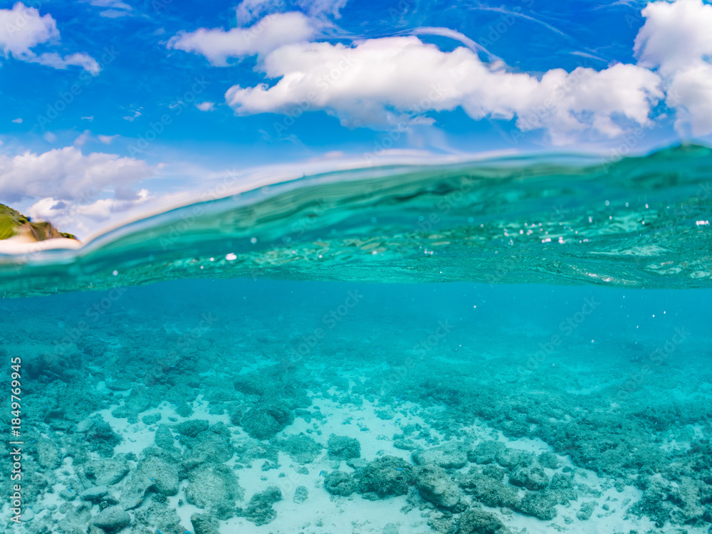 Fototapeta premium 嘉比島の美しい白砂ビーチの半水面撮影。 美しいサンゴ礁と熱帯魚の群れ。 嘉比島沖縄県 島尻郡慶良間諸島座間味島-2025 沖縄本島から40km西方の諸島。30以上の島嶼群全体が国立公園に指定。珊瑚礁の青い海と白い砂浜は世界屈指の美。貴重な動植物が多数生息。
