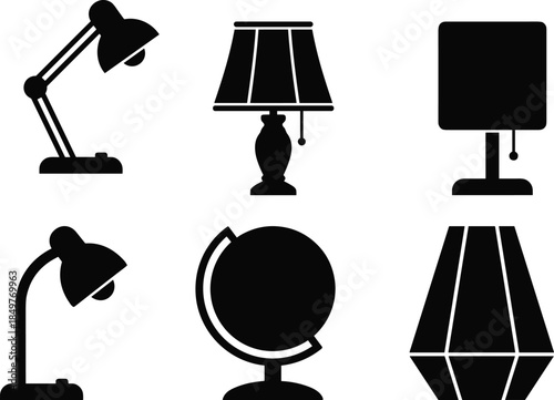 Set of various table lamp silhouettes including modern desk lamps classic lampshades and globe lights for interior home office decor