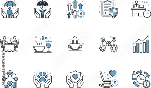 Insurance and financial protection line icons set, family security, health care, investment growth, risk management, claims, customer service symbols for web design