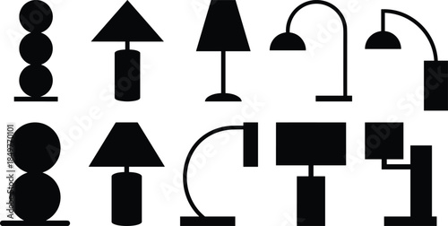 Minimalist modern table lamp silhouettes set with various geometric lampshades for contemporary interior lighting design isolated on white background vector