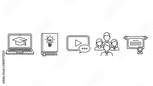 Collection of black line icons representing online education learning resources student achievement and professional development concepts