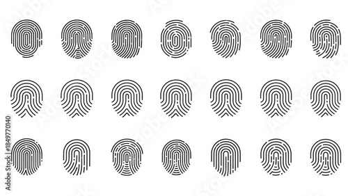 Collection of eighteen unique black and white line art fingerprint icons representing biometric security and identity verification concepts