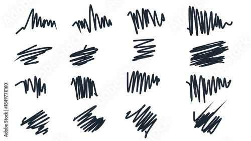Collection of Abstract Hand-Drawn Black Scribbles: A Set of 16 Expressive Ink Strokes, Messy Lines, and Tangled Sketches Over a White Background for Creative Graphic Design and Art Decor