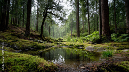 Beautiful forest background for screensaver. with sunbeams. Calm close-up of fairytale forest and nature landscape, panorama. Summer vacation, holiday, amazing nature.