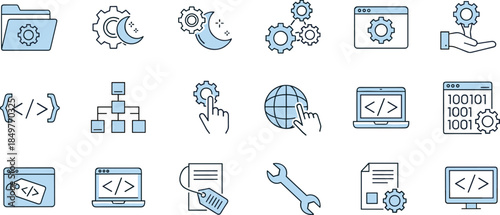 Modern web development and system settings line icon set, coding tools, automation, software configuration, programming workflow, technology management vector illustration