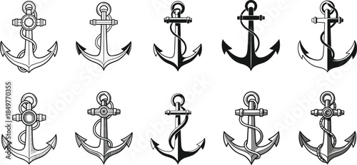 Nautical anchor illustration set in vintage and modern styles, black and white maritime symbols collection for tattoo design, logo branding, and ocean themes