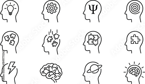 mind, brain, psychology, cognition, therapy, icon, stress, idea, puzzle, spiral, innovation, intelligence, mindfulness, neuroscience, thinking