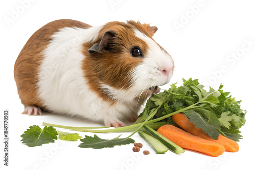 Cute guinea pig eating fresh vegetables. Adorable and realistic small pet moment representing healthy nutrition and care. Isolated on transparent background, PNG.