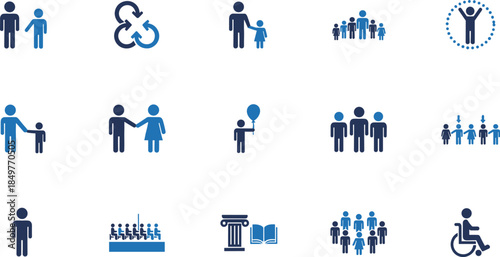 People and social community icon set collection, family, group, education and accessibility symbols, modern flat vector illustration for web, app and infographic design