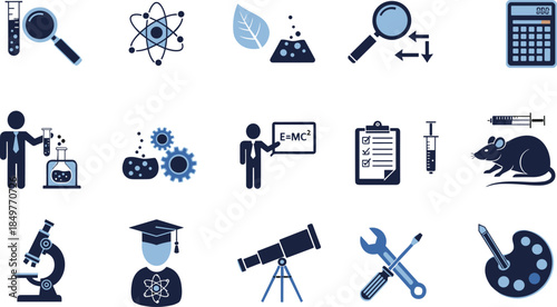 Science and education flat icon set, laboratory research, chemistry biology physics symbols, scientific tools, experiment elements, learning and innovation concept illustration